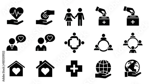Set of black business and web vector icons featuring computer internet and travel signs in a silhouette illustration design