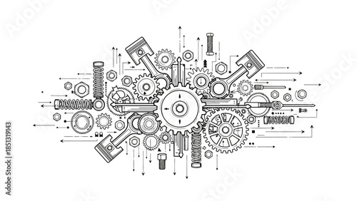 Abstract city sketch featuring a technical engineering pattern with mechanical gear cogs and vector machinery symbols in a professional industrial technology background design
