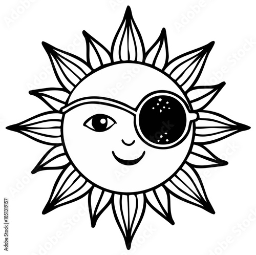 Cartoon pirate sun character, smiling face, eye patch, sunshine illustration