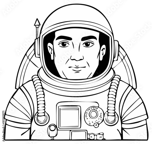 Man in astronaut suit line art black and white illustration ready for space exploration