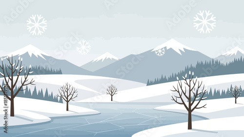 A beautiful winter landscape illustration with snow-covered mountains, bare trees, a frozen river, and falling snowflakes under a cold sky.