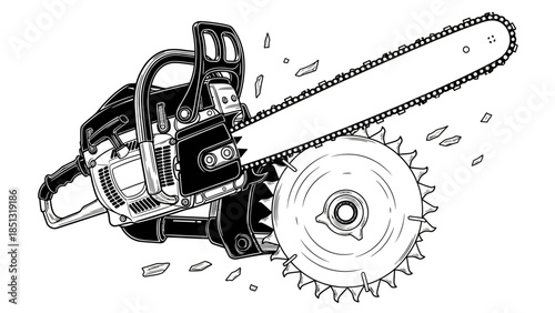 A vintage metal chainsaw with a powerful engine and chrome gears is an industrial steel machine isolated on a white background as a single engineering object