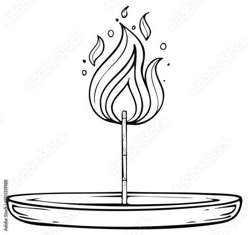 Simple Outline Drawing of a Burning Incense Stick Emitting Flames and Sparkles in a Dish