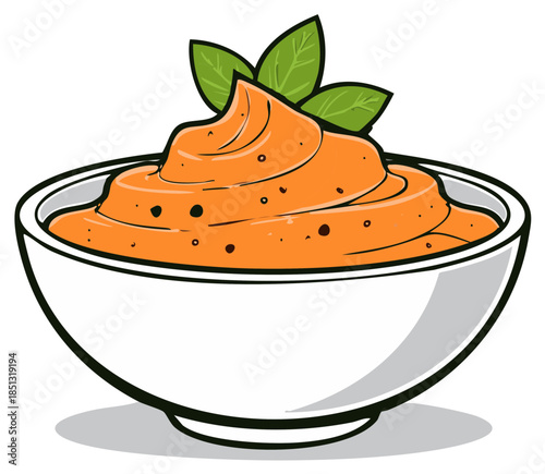 Cartoon Bowl of Orange Dip with Basil Leaves Food Illustration