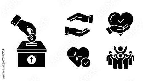 Collection of icons representing charity, donation, health, and community support.
