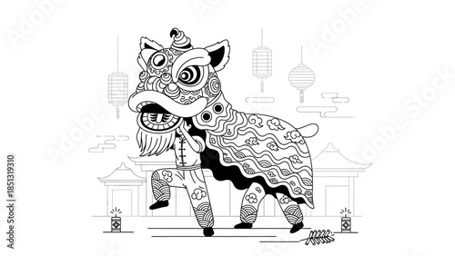 Lion Dance in Celebration: A meticulously illustrated lion dance performance is captured in a graphic art style, set against the backdrop of traditional architecture and decorative lanterns.