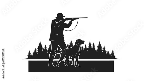 Hunter's Silhouette: A hunter, silhouetted against a forest backdrop, aims their rifle, accompanied by a loyal canine companion in a moment of anticipation.