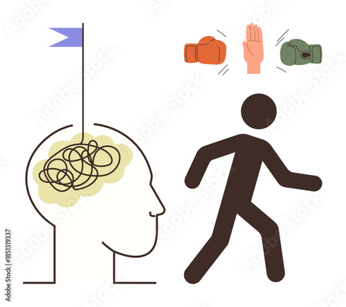 Head with tangled thoughts, raised flag, boxing gloves resolved by a hand gesture, and walking figure. Ideal for mental clarity, decision-making, conflict resolution, stress management, personal
