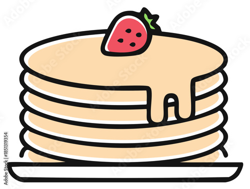 Stack of pancakes with strawberry and syrup topping, isolated illustration