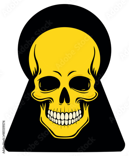 Bold yellow skull with sharp teeth centered within a black keyhole shape