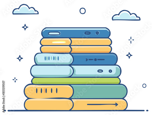 Stack of colorful folded cloths or towels with decorative elements