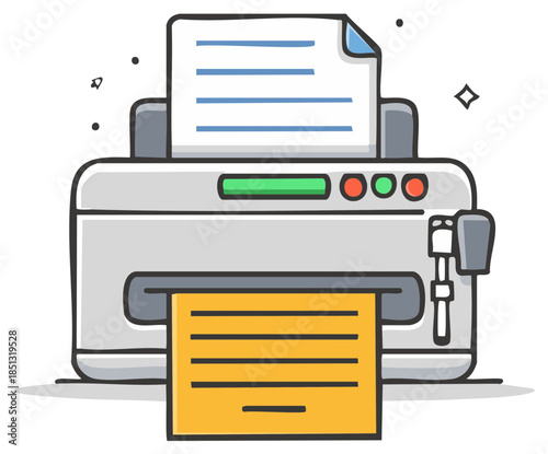 Cartoon Office Printer Printing Documents with Lines of Text and Colored Icons