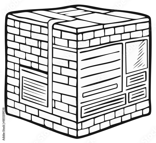 Bricks pattern on shipping box for delivery, cardboard parcel package wrapped with band, isolated on white backdrop