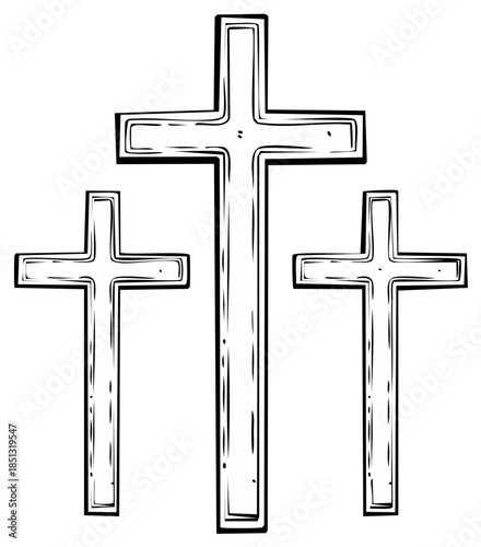 Stylized hand drawn illustration of three Christian crosses depicting faith, sacrifice and hope