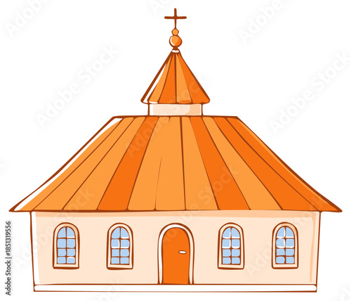 Cartoon illustration of a small church with orange roof and steeple cross for religious concepts.