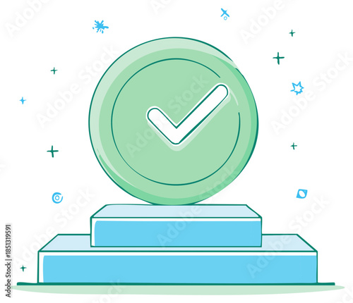 Green checkmark on podium symbolizes success, approval, and achievement