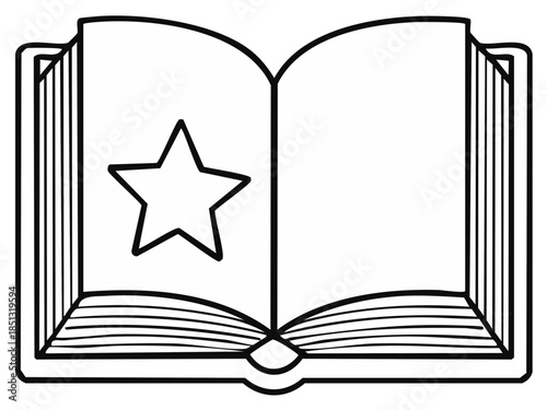 Open book outline with a star symbol on one page, vector graphic