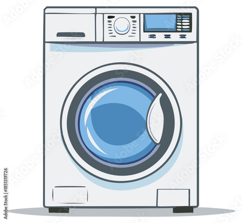 Modern white front loading washing machine appliance for home laundry chores detailed graphic