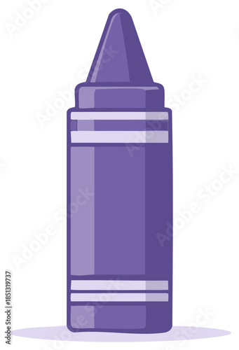 Single purple crayon with white stripes and pointed tip on a white background