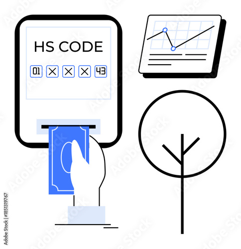 Hand inserting cash into digital payment system with HS code display, analytics chart, and minimal tree icon. Ideal for finance, payments, sustainability, coding, technology, growth investment