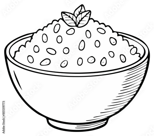 Simple black and white illustration of a bowl filled with rice and beans topped with fresh herbs