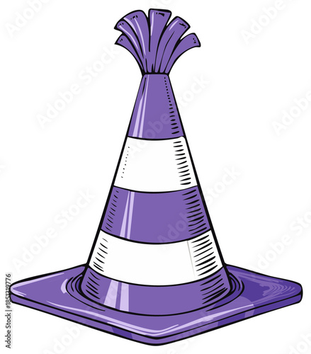 Purple traffic cone with white stripes and decorative tassel on top, cartoon style