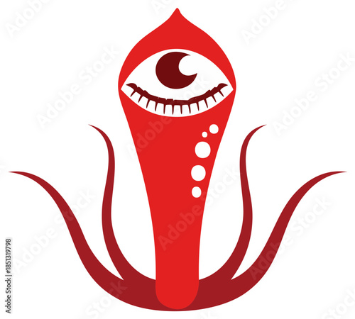 Red abstract fantasy creature with a prominent all seeing eye and curling tentacles