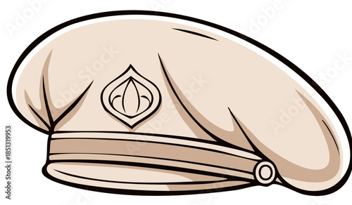 Illustrated beige beret with decorative emblem a military or fashion uniform accessory graphic