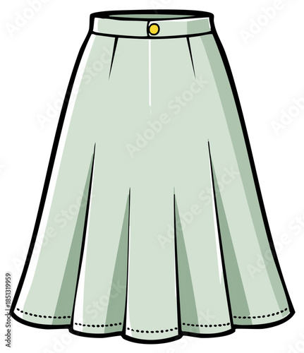 Pleated light green A line skirt vector illustration with button waistband fashion apparel