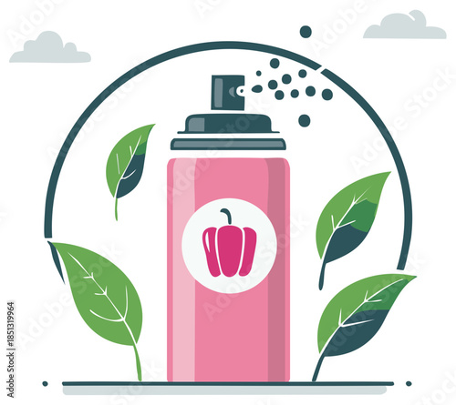 Natural organic pesticide spray can with bell pepper symbol and leaves vector illustration