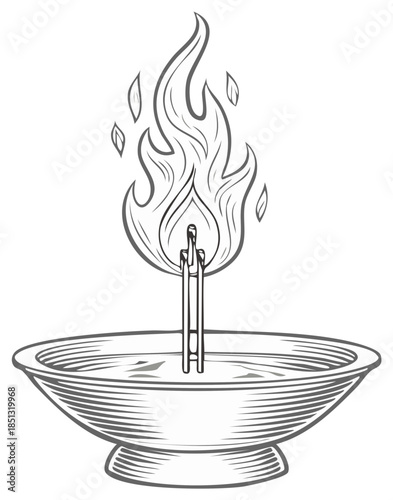 Monochrome Engraving Style Illustration of a Burning Ancient Oil Lamp