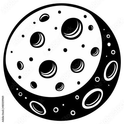 Stylized cartoon black and white moon with craters depicting a new moon phase celestial object