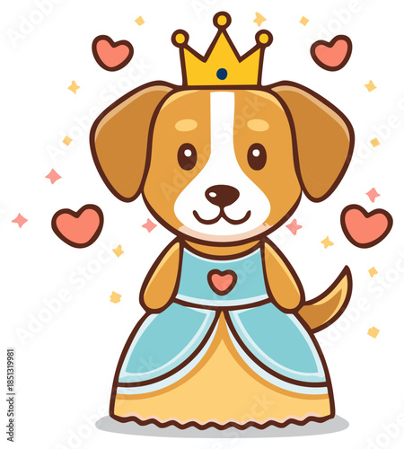 Adorable cartoon puppy princess in a beautiful gown and golden crown with hearts