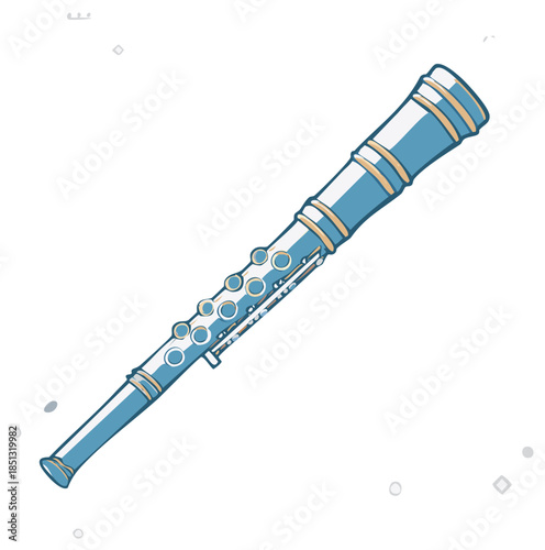 Illustration of a silver clarinet with light blue accents and gold rings