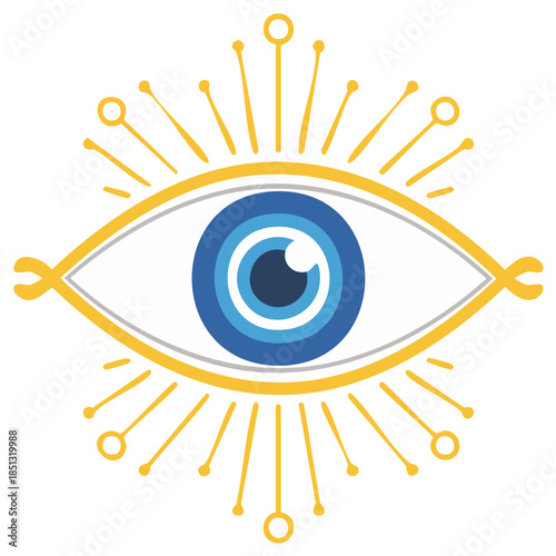 Traditional evil eye amulet design with vibrant blue iris and radiating golden rays