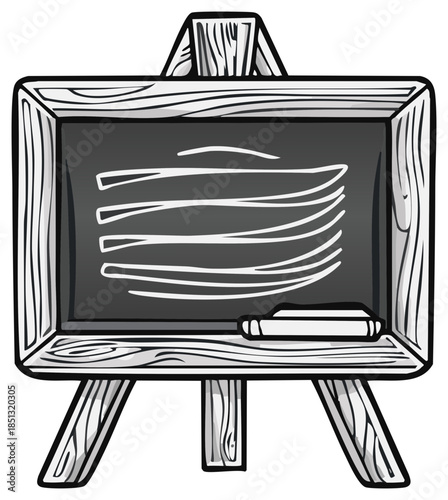 Black and white cartoon illustration of a vintage wooden chalkboard easel with eraser