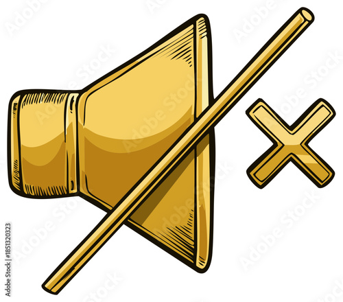 Golden Mute Symbol on Speaker Icon, Silent Mode Audio Icon