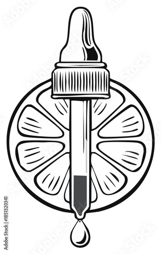 Dropper with citrus essential oil and a fruit slice black and white vector icon