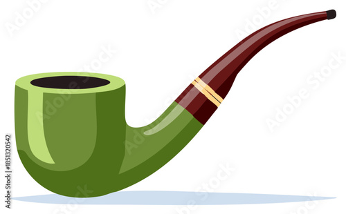 Vector illustration of a classic green smoking pipe with a curved brown stem and elegant golden rings