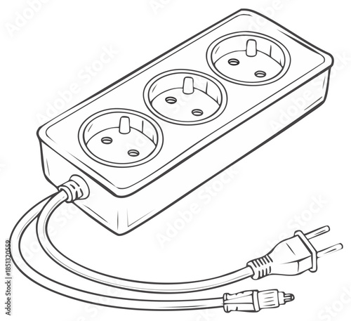 Electrical extension cord outline drawing with European plug type F - detailed line art illustration