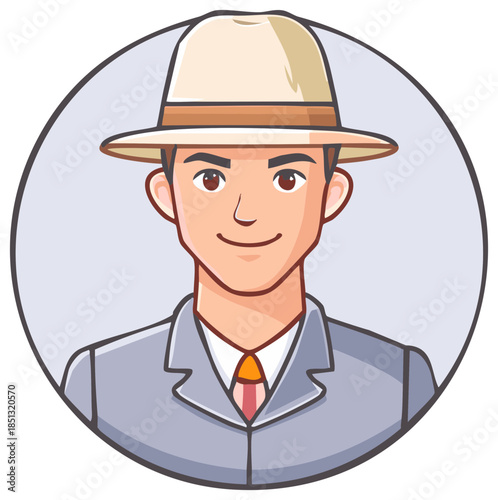 Cartoon portrait of a smiling young man in a suit and classic fedora hat, avatar icon.