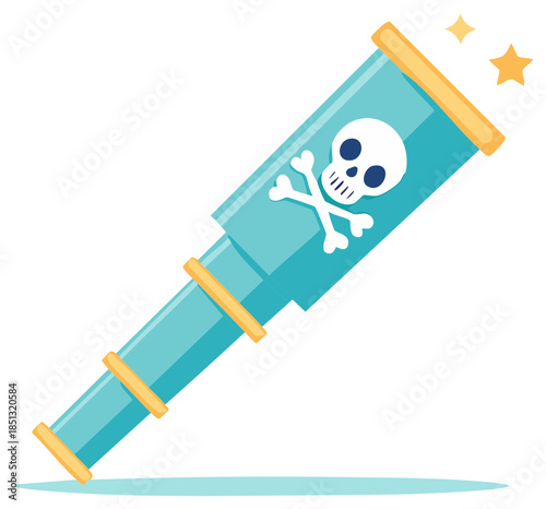 Cartoon pirate spyglass with skull and crossbones symbol. Vector telescope for adventure and treasure hunt themes.
