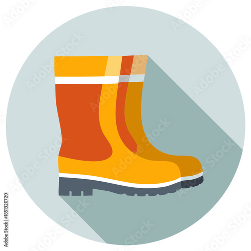 Vibrant orange and yellow rubber boots icon in modern flat design style with long shadow for outdoor protection