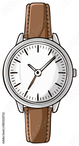 Wristwatch Illustration with Brown Leather Strap and White Dial Timepiece Accessory