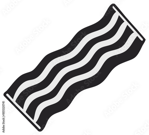 Black and white vector icon of a single wavy strip of fried bacon for breakfast