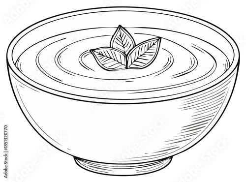 Cream soup served in bowl with three leaves on top Hand drawn sketch Food illustration
