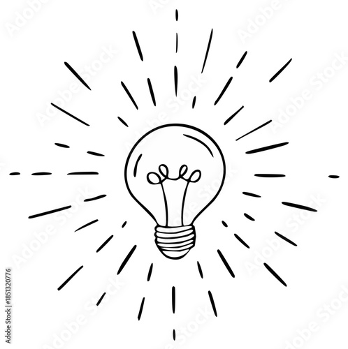 Doodle light bulb radiating light bursts symbolizing an idea breakthrough