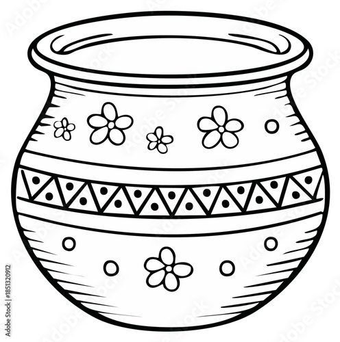 Floral decorated pot drawing isolated on white line art black and white illustration