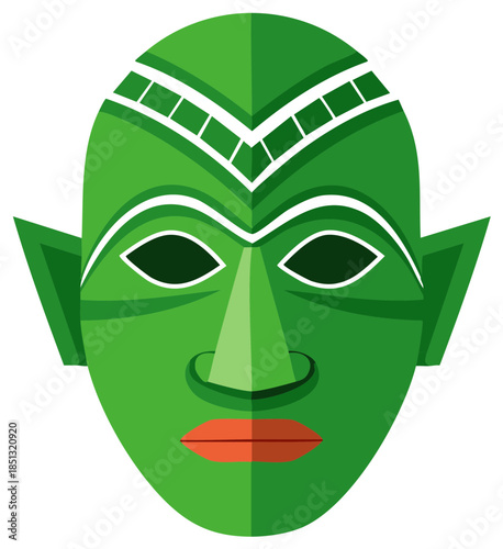 Stylized green tribal mask illustration: Ancient ritual symbol, geometric shapes, decorative ethnic ornament with sharp ears
