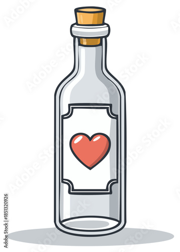 Clear Glass Bottle with Cork Stopper and Heart Symbol on Label